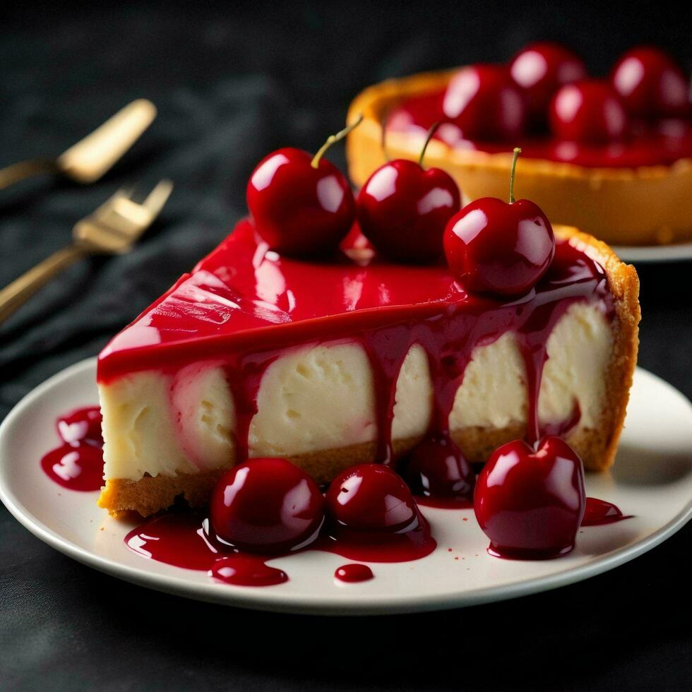 AI generated cheesecake with cherry on a black background. tinting. selective focus. generative ai photo