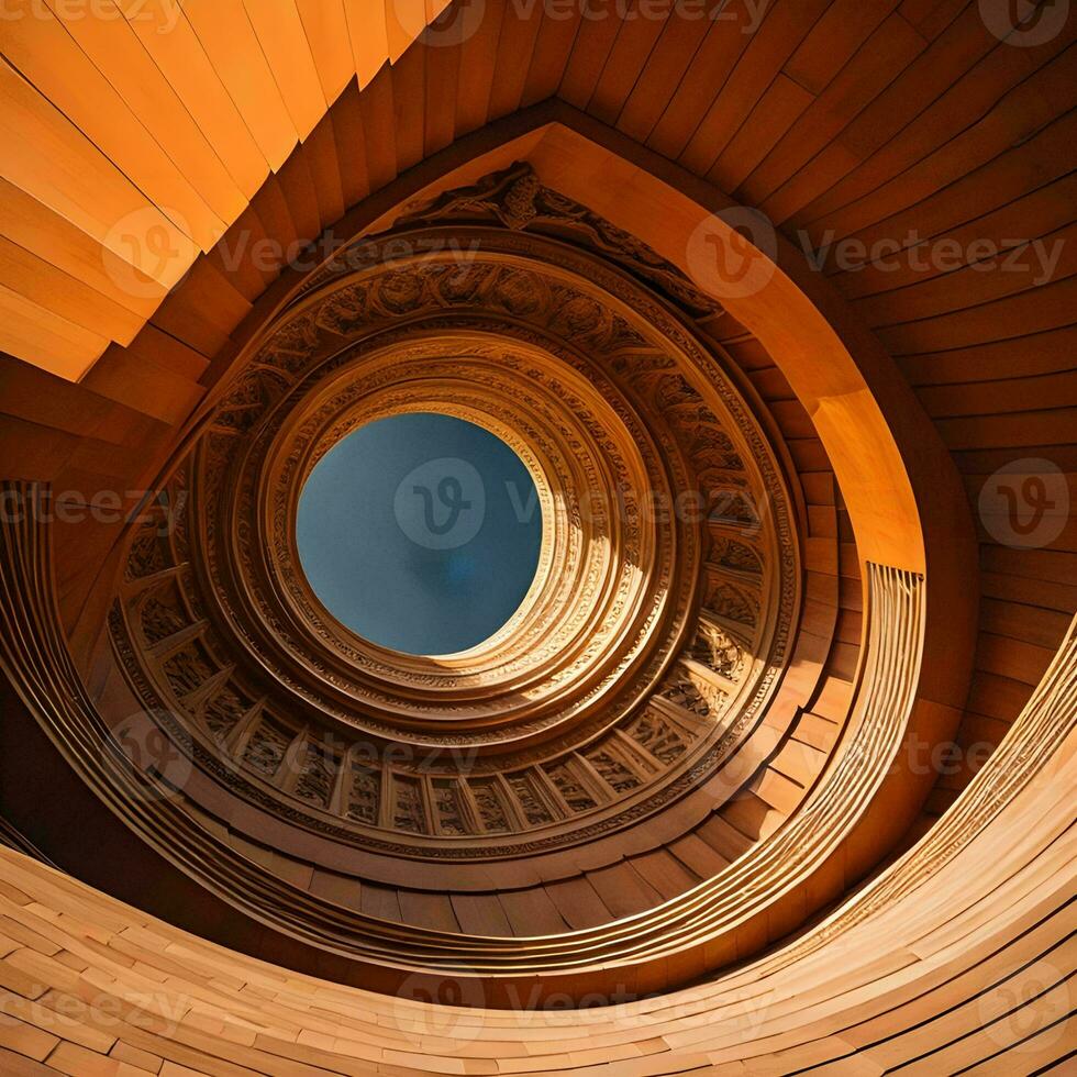 AI generated Wooden spiral staircase in the interior of a modern office building. generative ai photo
