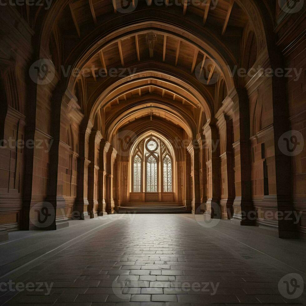 AI generated Interior of a church with wooden arches and large windows. ai generated photo