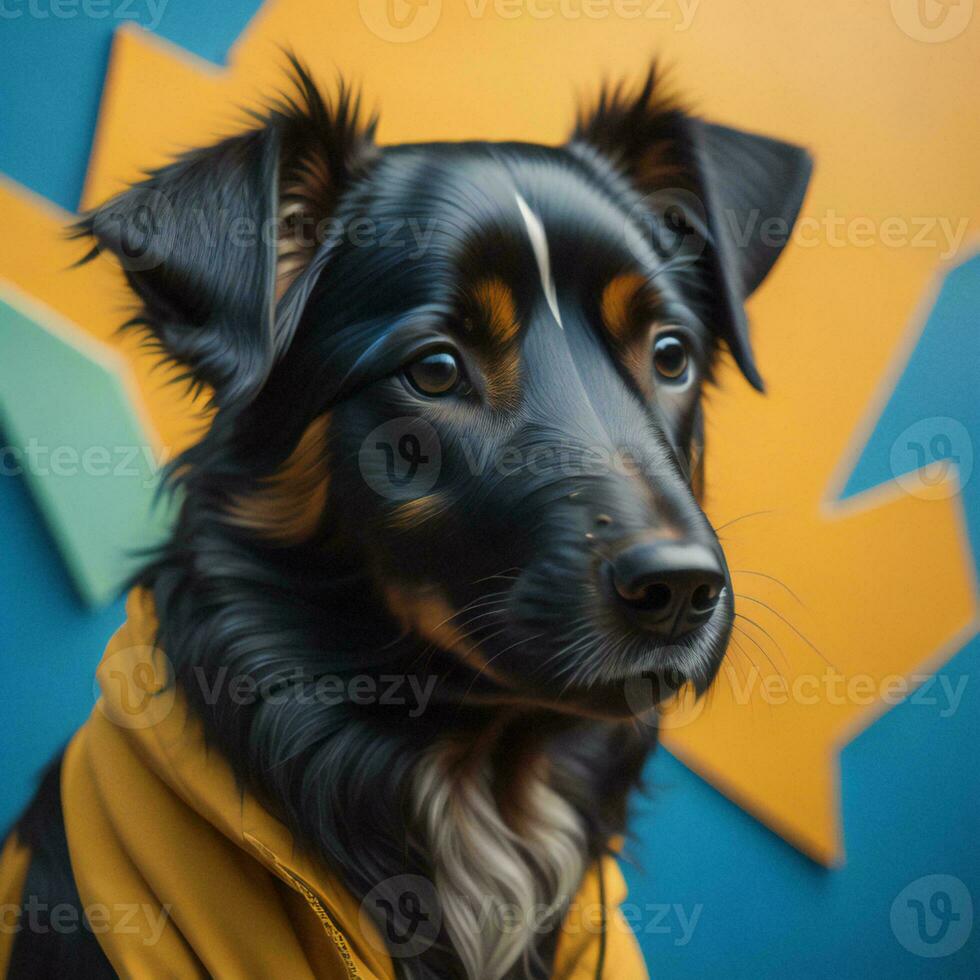 AI generated Portrait of a dog in a yellow jacket on a blue background.  generative ai photo
