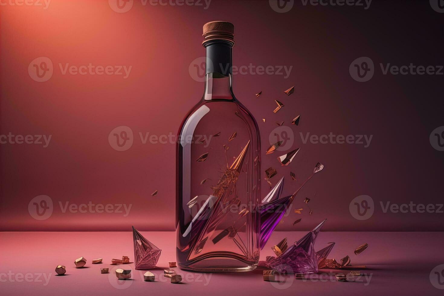 AI generated Bottle of wine with broken glass on pink background. generative ai photo