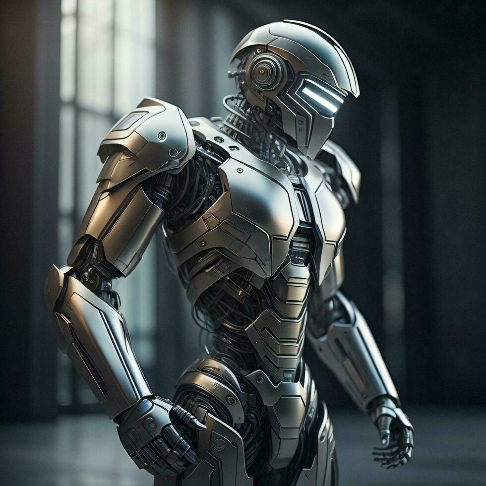 AI generated a female robot in a dark room with windows. generative ai photo