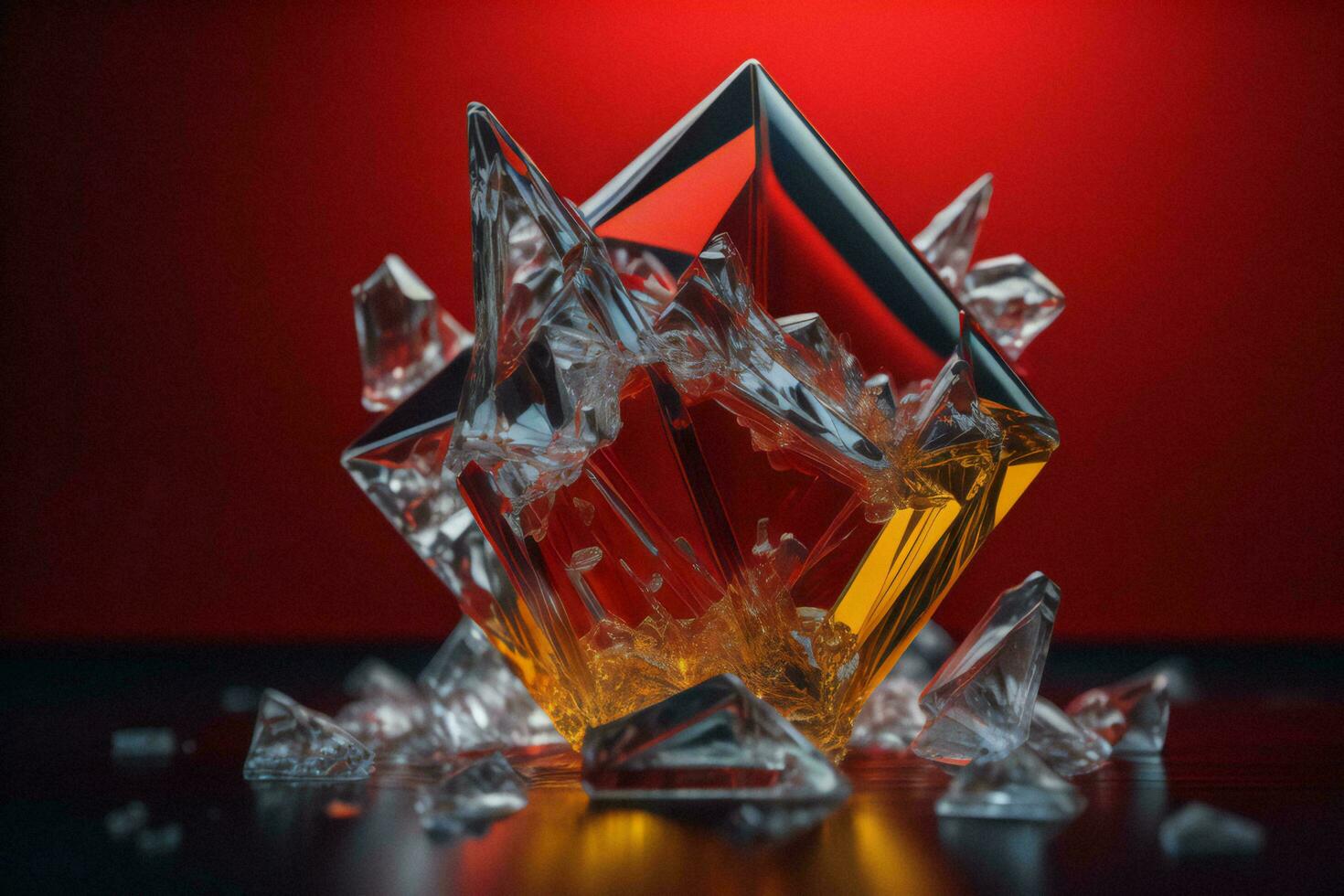 AI generated crystal cube on red background, close-up, low key. generative ai photo