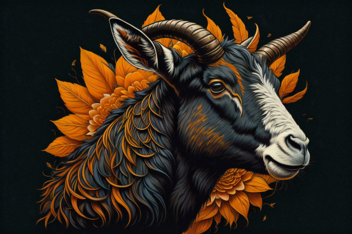 AI generated Goat head with orange flowers on black background. Vector illustration. ai generated photo