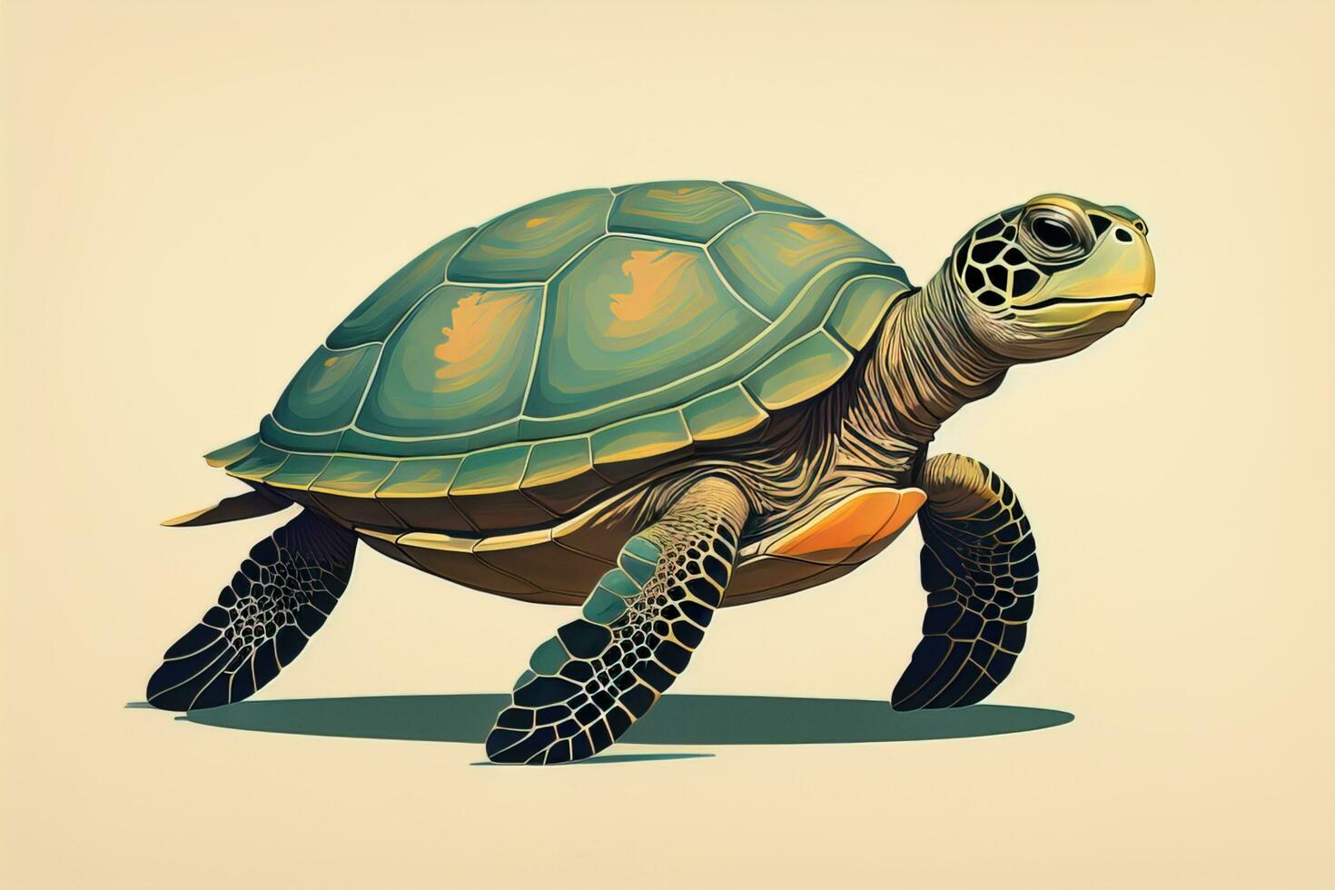 ai generado ilustración de un Tortuga en un verde antecedentes en dibujos animados estilo. ai generativo foto