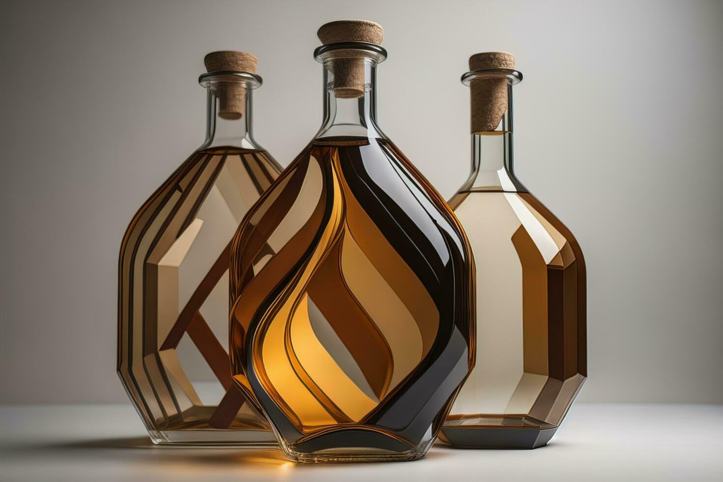 AI generated three bottles of cognac or brandy. generative ai photo