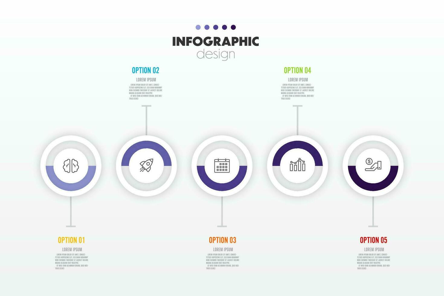 Vector circle timeline infographics template for presentations and business concept charts with 5 options.