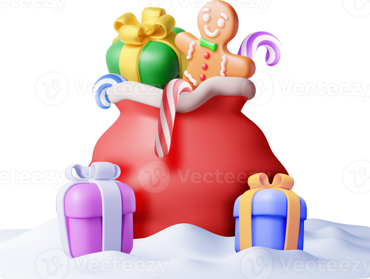 3D Open Santa Claus Sack full of Gifts in Snow png