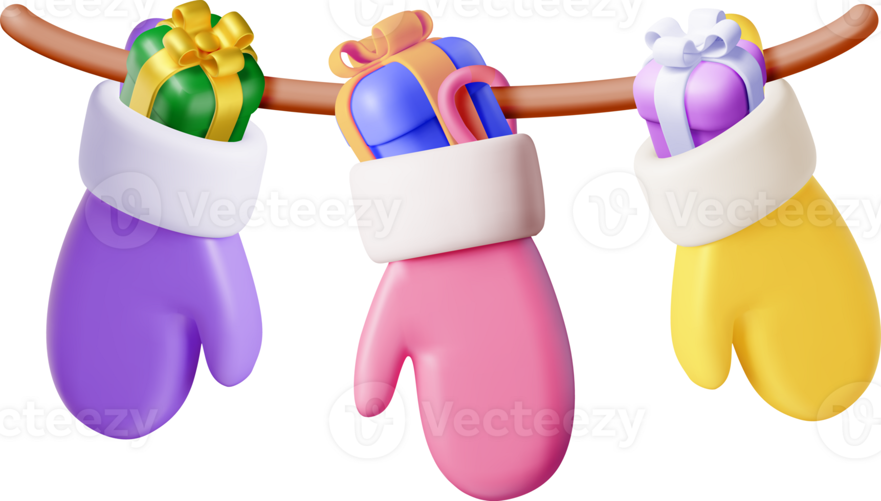 3D Gloves full of Gifts Hanging on Clothesline png