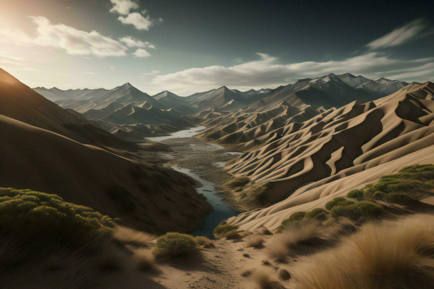 AI generated Desert landscape with river and sand dunes. generative ai photo