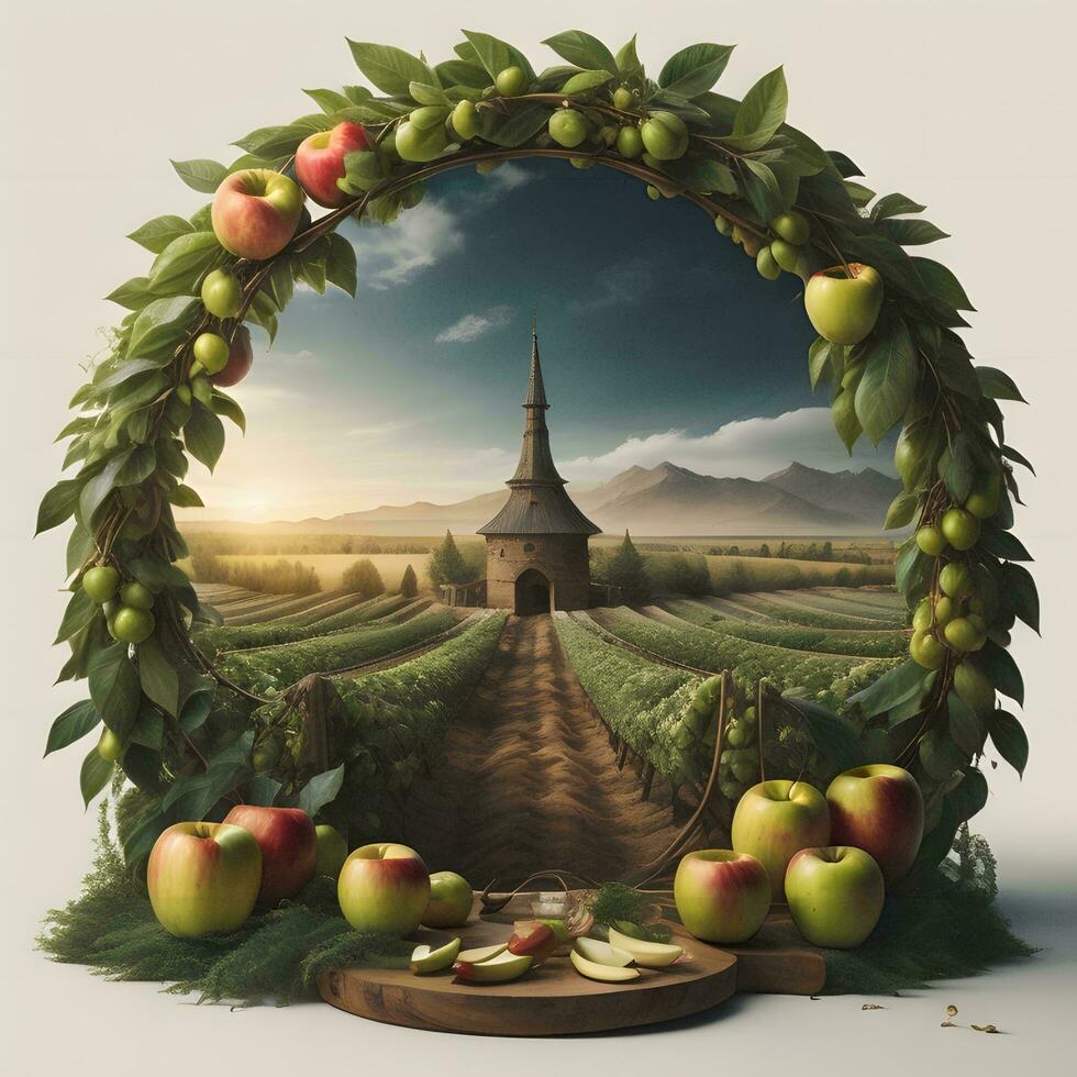 AI generated Rural landscape in vintage style with apple tree, wine barrel and apples. generative ai photo