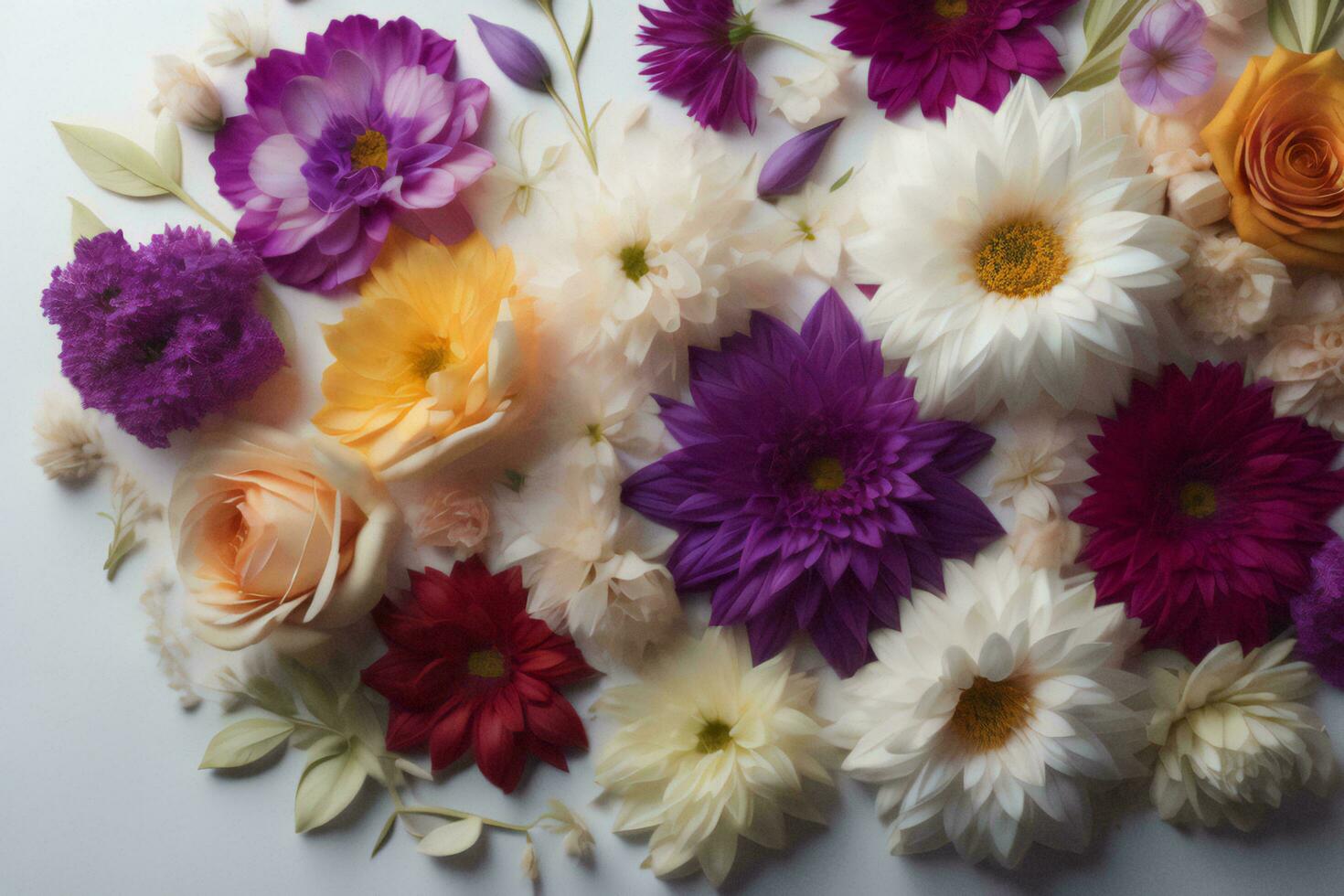 AI generated Beautiful flowers on a white background. Flat lay, top view. ai generated photo