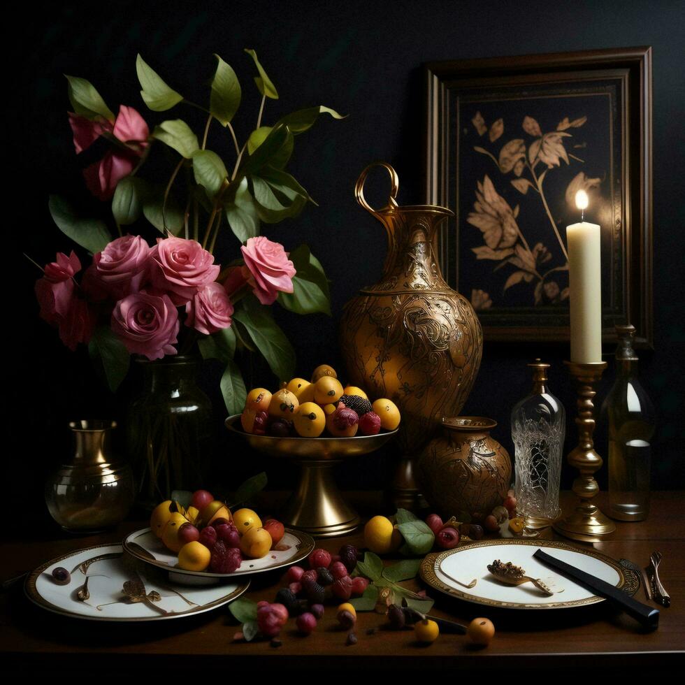 AI generated Still life with flowers, tableware and candles on a dark background. generative ai photo