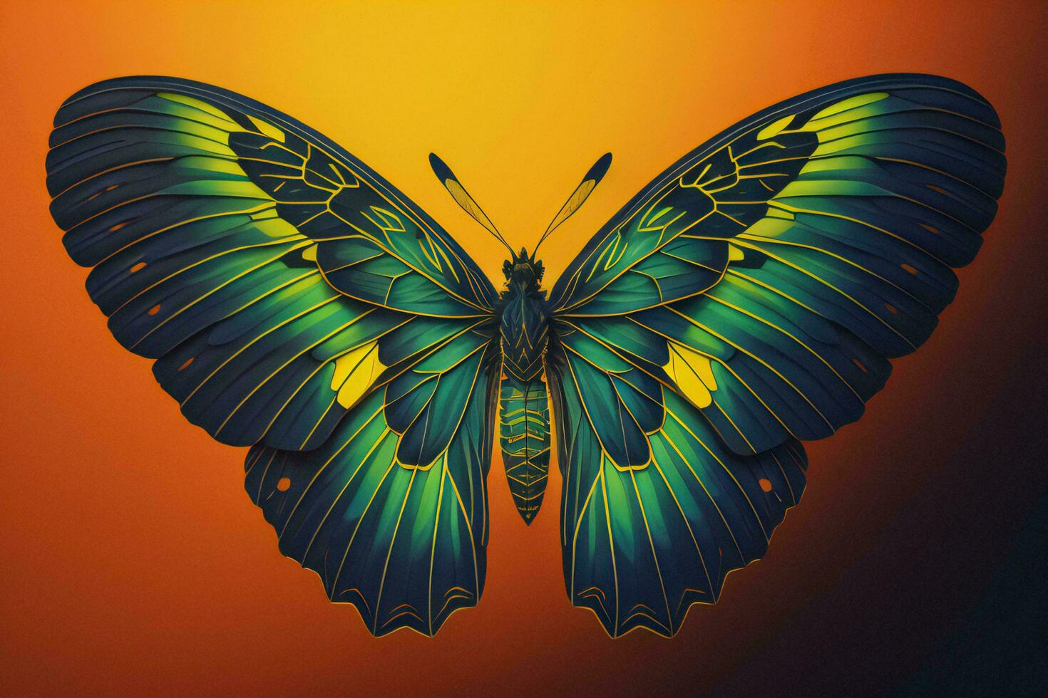 AI generated Butterfly in black and green on orange background. Vector illustration. generative ai photo