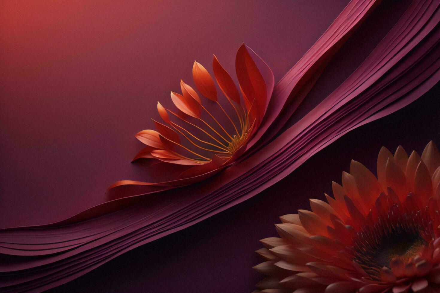 AI generated abstract background with red flowers and curved paper sheets. generative ai photo