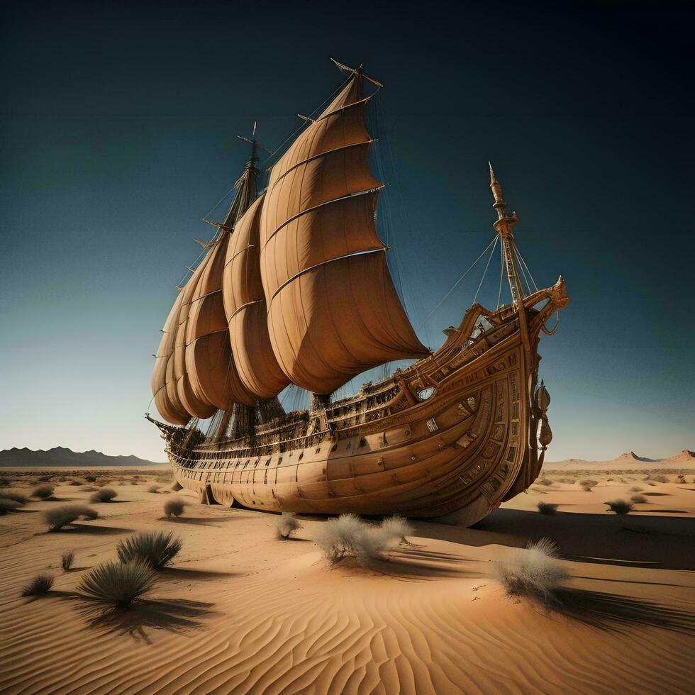 AI generated Sailing ship in the desert. generative ai photo