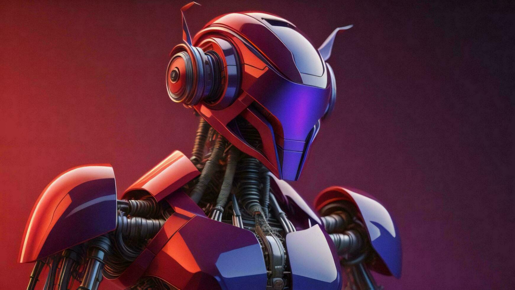 AI generated robot or cyborg with headphones on red background. generative ai photo