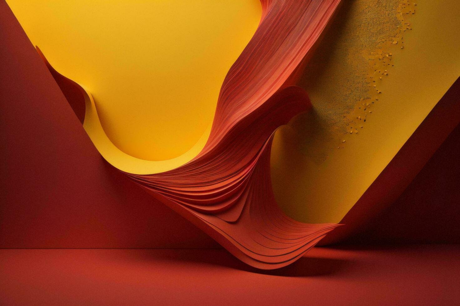 AI generated Abstract red and yellow curved paper layers in empty room. ai generated photo