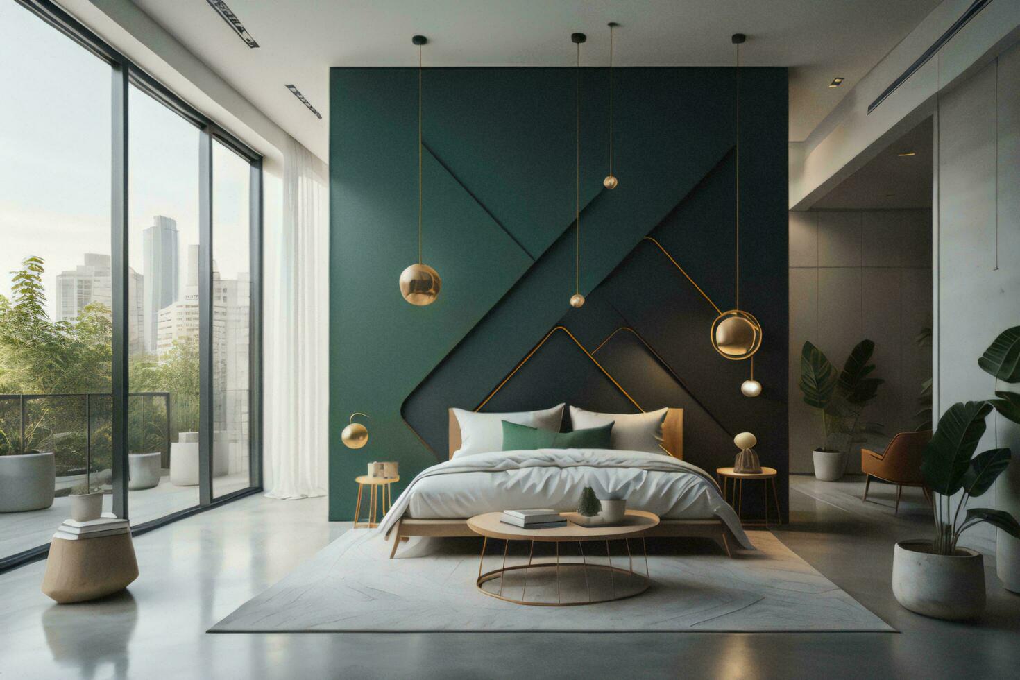AI generated Interior of modern bedroom with green walls, concrete floor, comfortable king size bed with golden bedside table and coffee table. generative ai photo