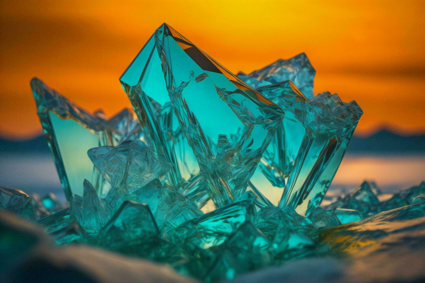 AI generated Close up of ice cube on the beach at sunset background. Selective focus. ai generated photo