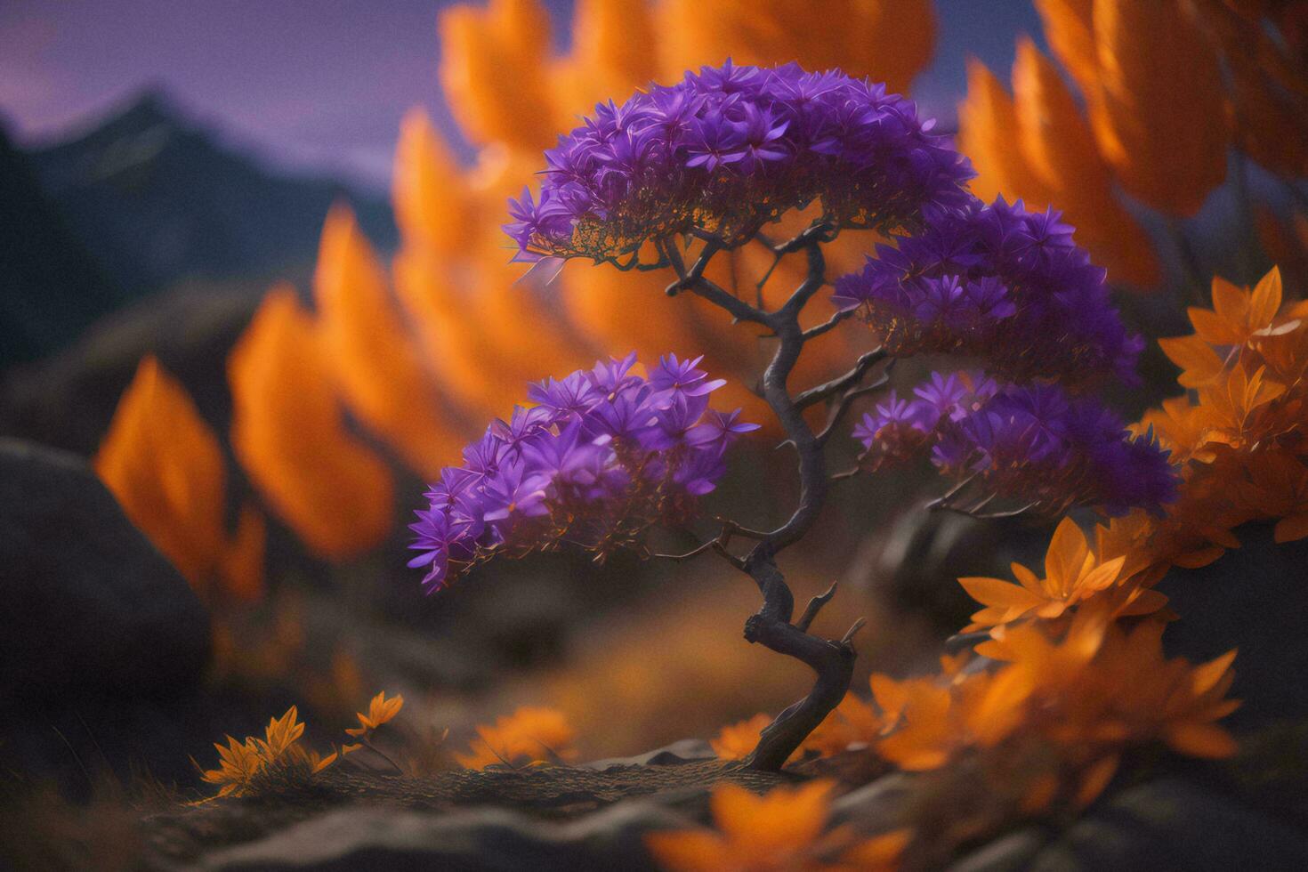 AI generated Bonsai tree with autumn leaves on the background of the mountains. generative ai photo