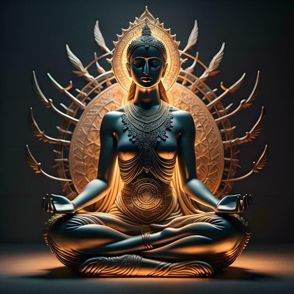 AI generated Buddha statue on a dark background. generative ai photo