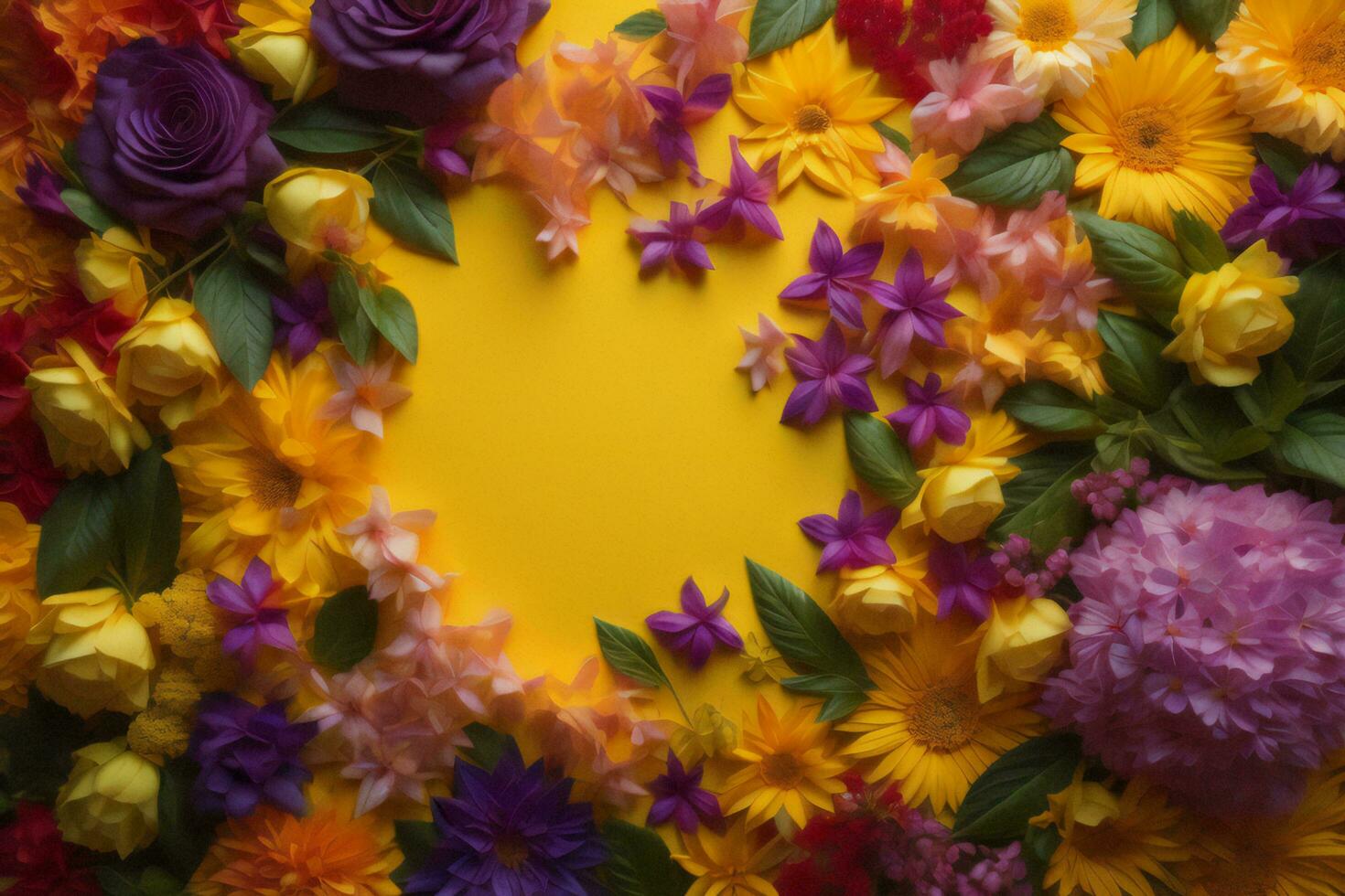 AI generated Flower composition. Frame made of colorful flowers on yellow background. Flat lay, top view, copy space. generative ai photo