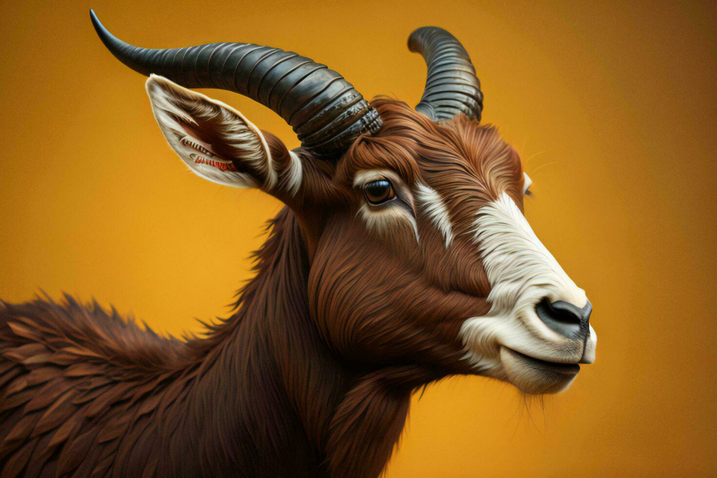 AI generated Portrait of a goat with horns on a yellow background. Studio shot. ai generated photo