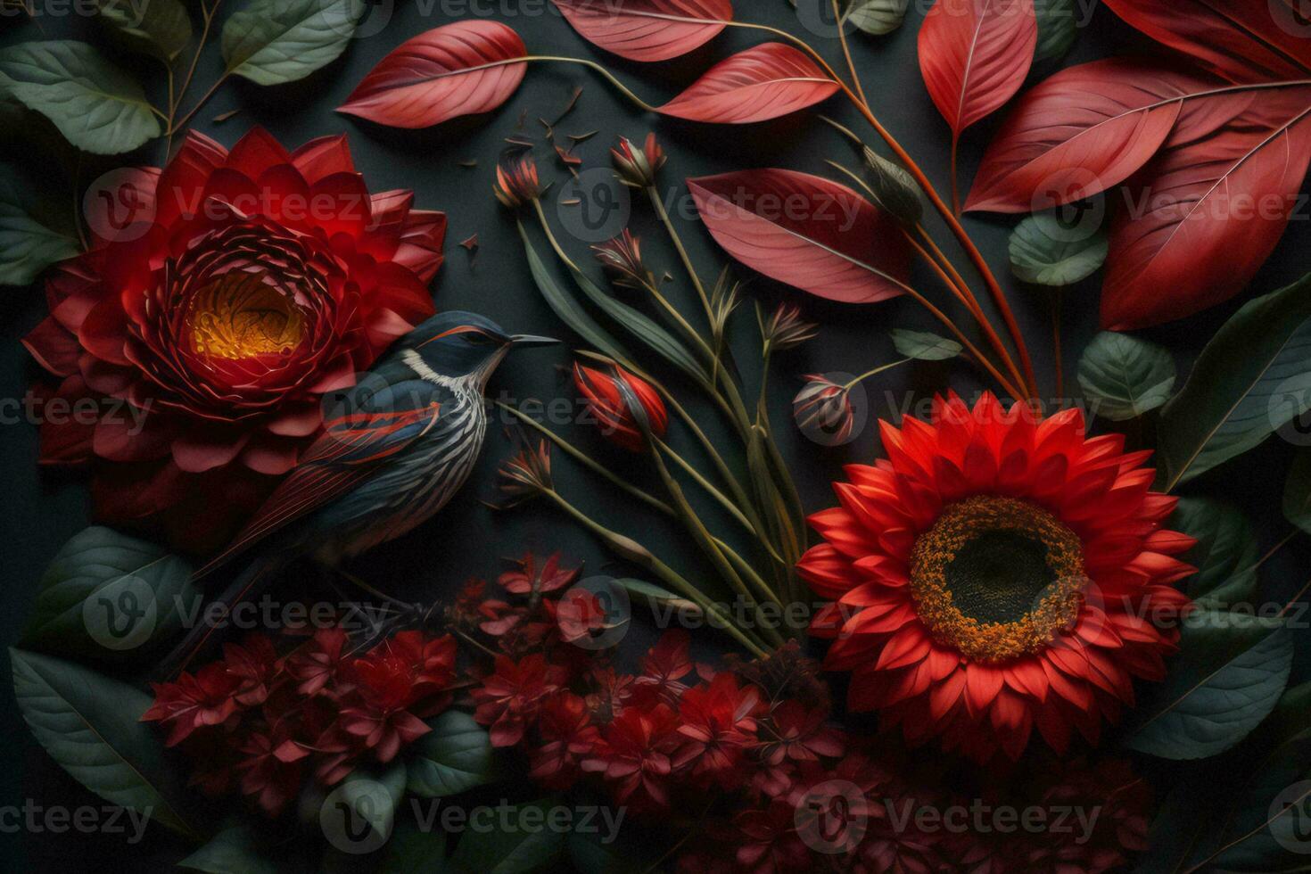 AI generated Beautiful floral composition on black background. Flat lay, top view. generative ai photo