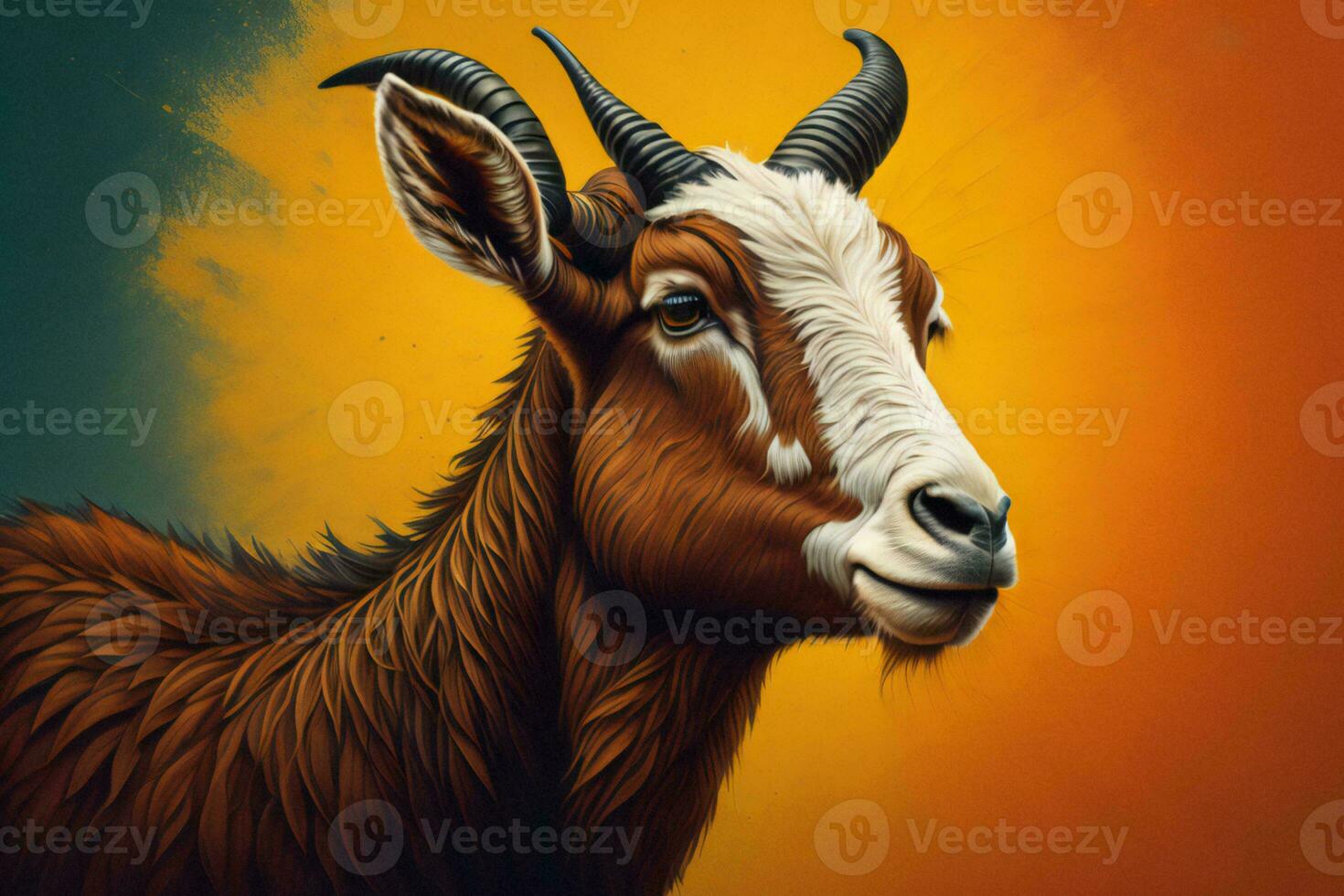 AI generated Portrait of a goat with horns on a yellow background. Close-up. ai generated photo