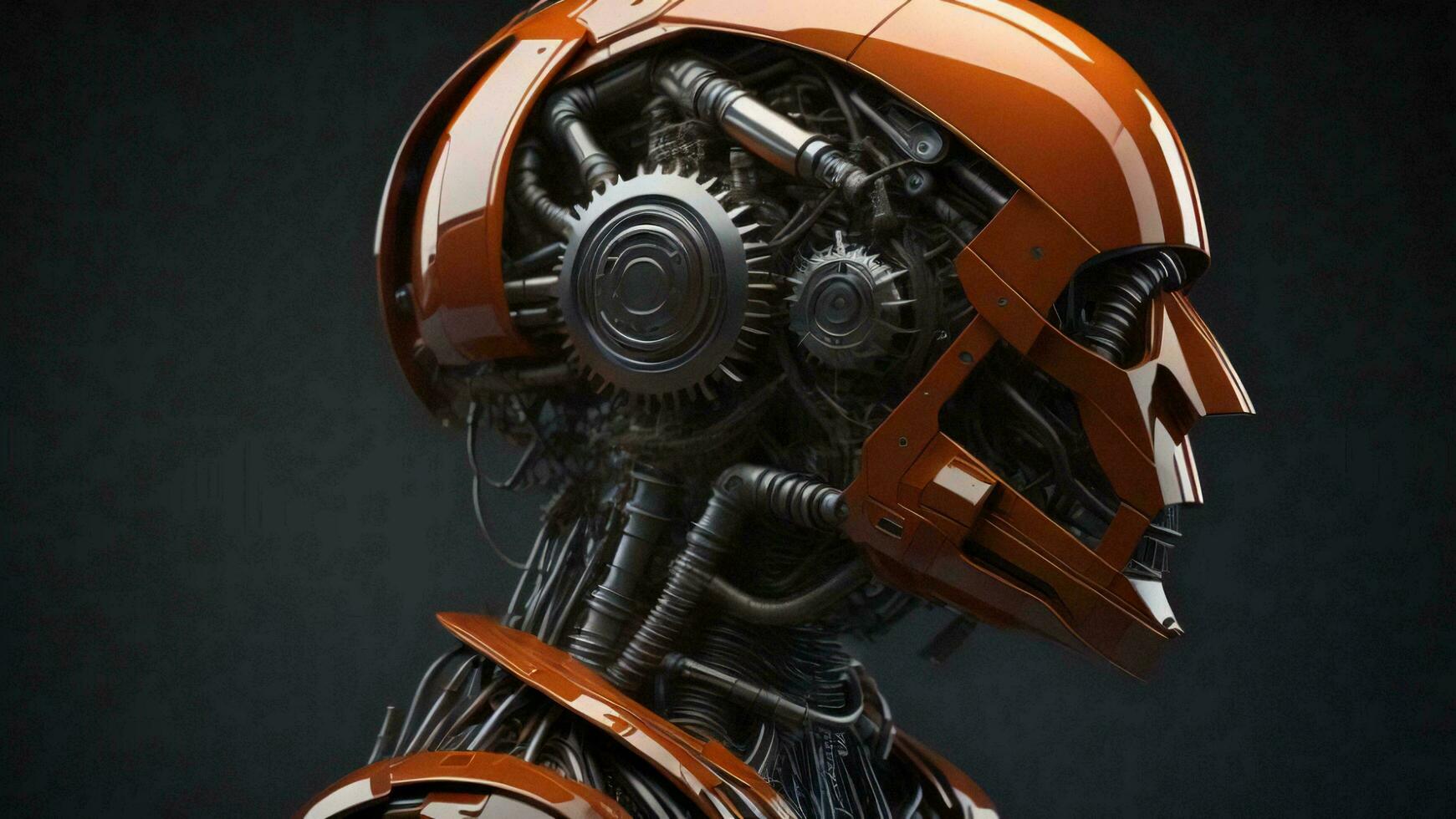 AI generated robot or cyborg head with gear wheels on black background. generative ai photo
