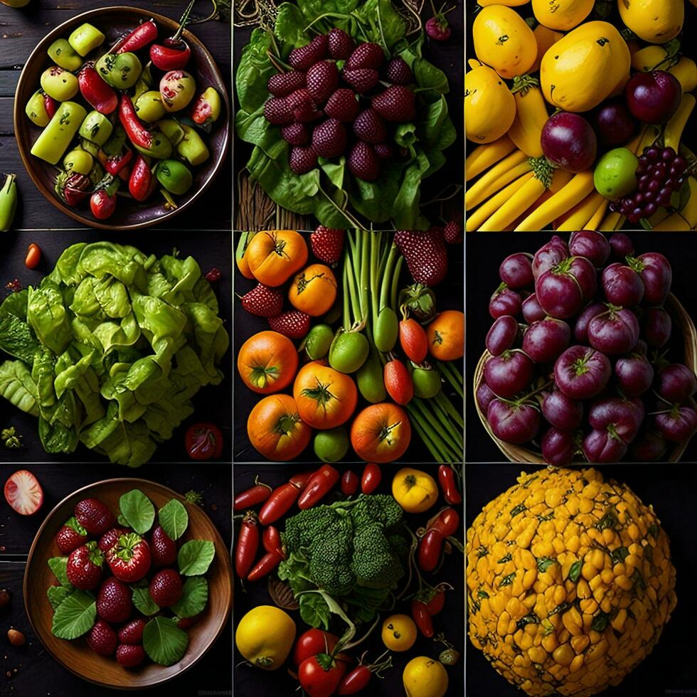 AI generated Collage of fresh fruits and vegetables. Healthy food concept. Top view. generative ai photo