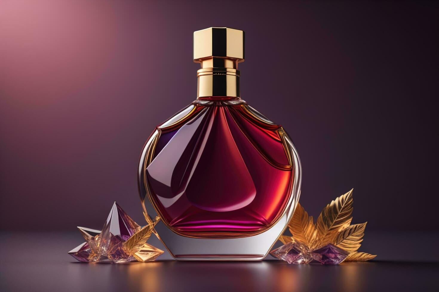 AI generated Perfume bottle with leaves on dark background. generative ai photo