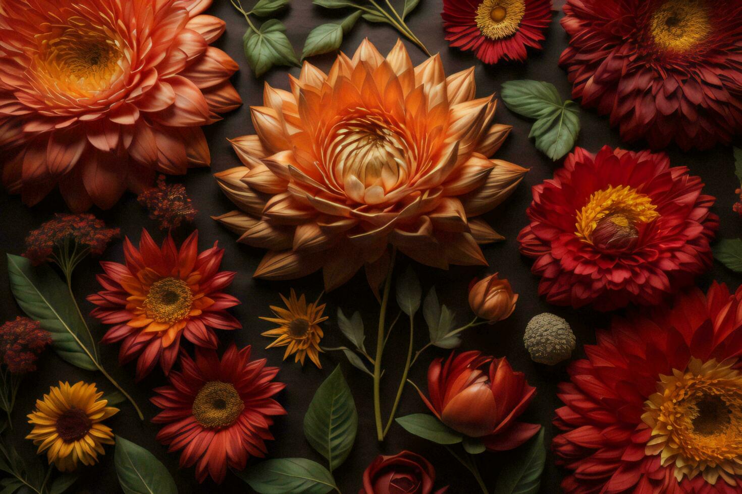 AI generated top view of orange dahlia and red roses on dark background. generative ai photo