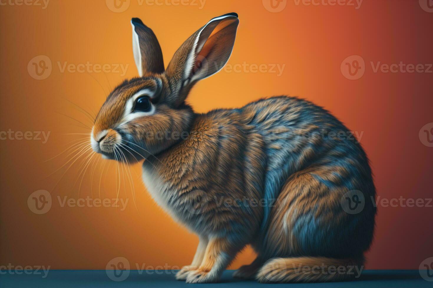 AI generated a cute brown rabbit sitting on orange background. generative ai photo