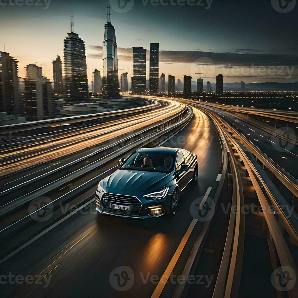 AI generated Aerial view of a modern car driving on highway with motion blur. ai generated photo