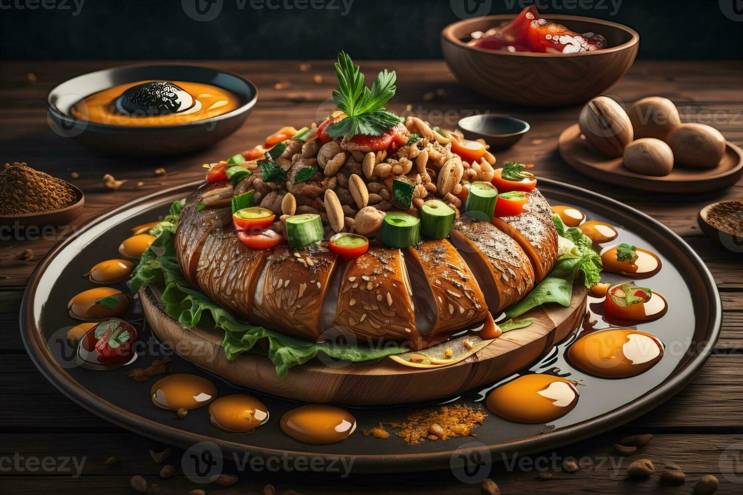 AI generated Top view of different indian dishes on dark background. Indian cuisine. ai generative photo