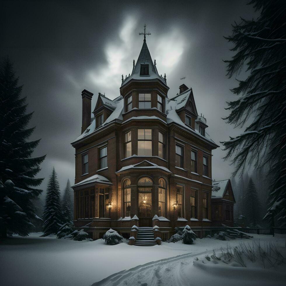 AI generated Winter landscape with a wooden house in the forest. generative ai photo