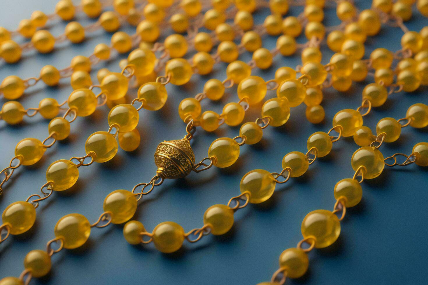 AI generated Yellow beads on a blue background. Place for text. Close-up. generative ai photo