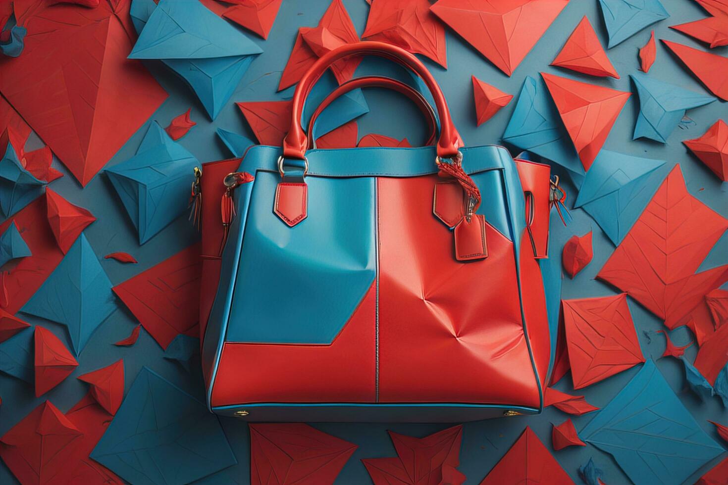 AI generated Red leather handbag and paper origami birds on blue background. generative ai photo