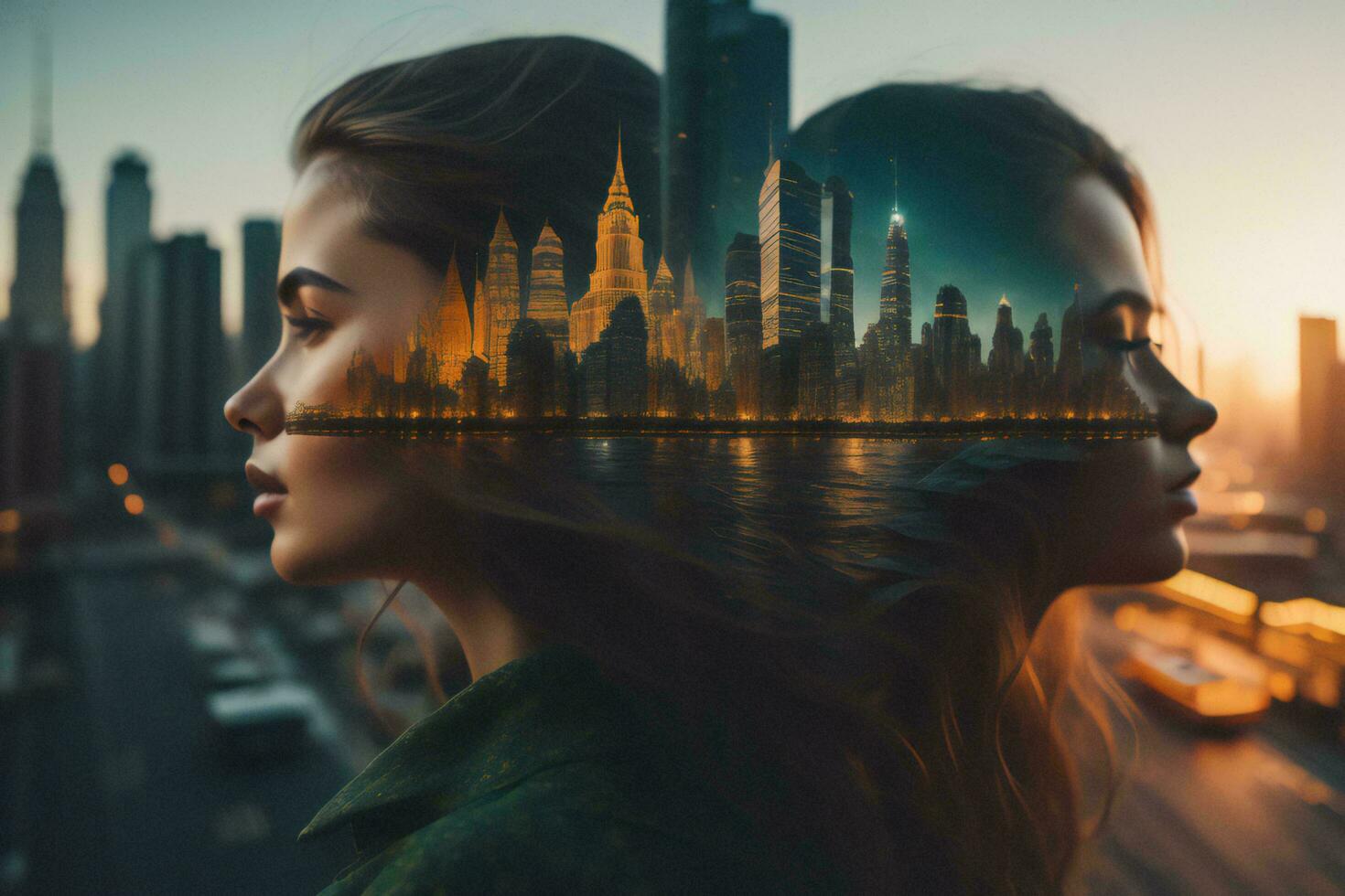 AI generated Double exposure of young woman and skyscrapers in the city. generative ai photo