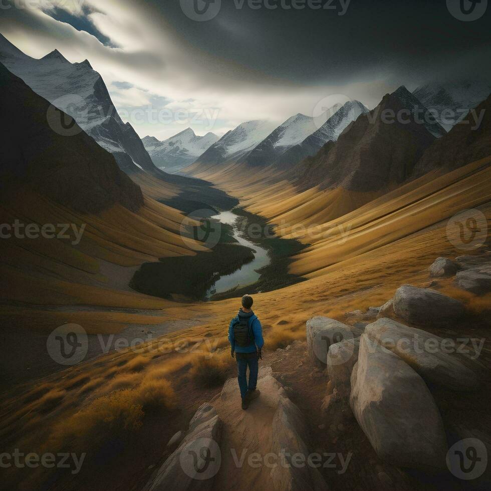 AI generated Hiking in the Himalayas. Man looking at the mountains. generative ai photo