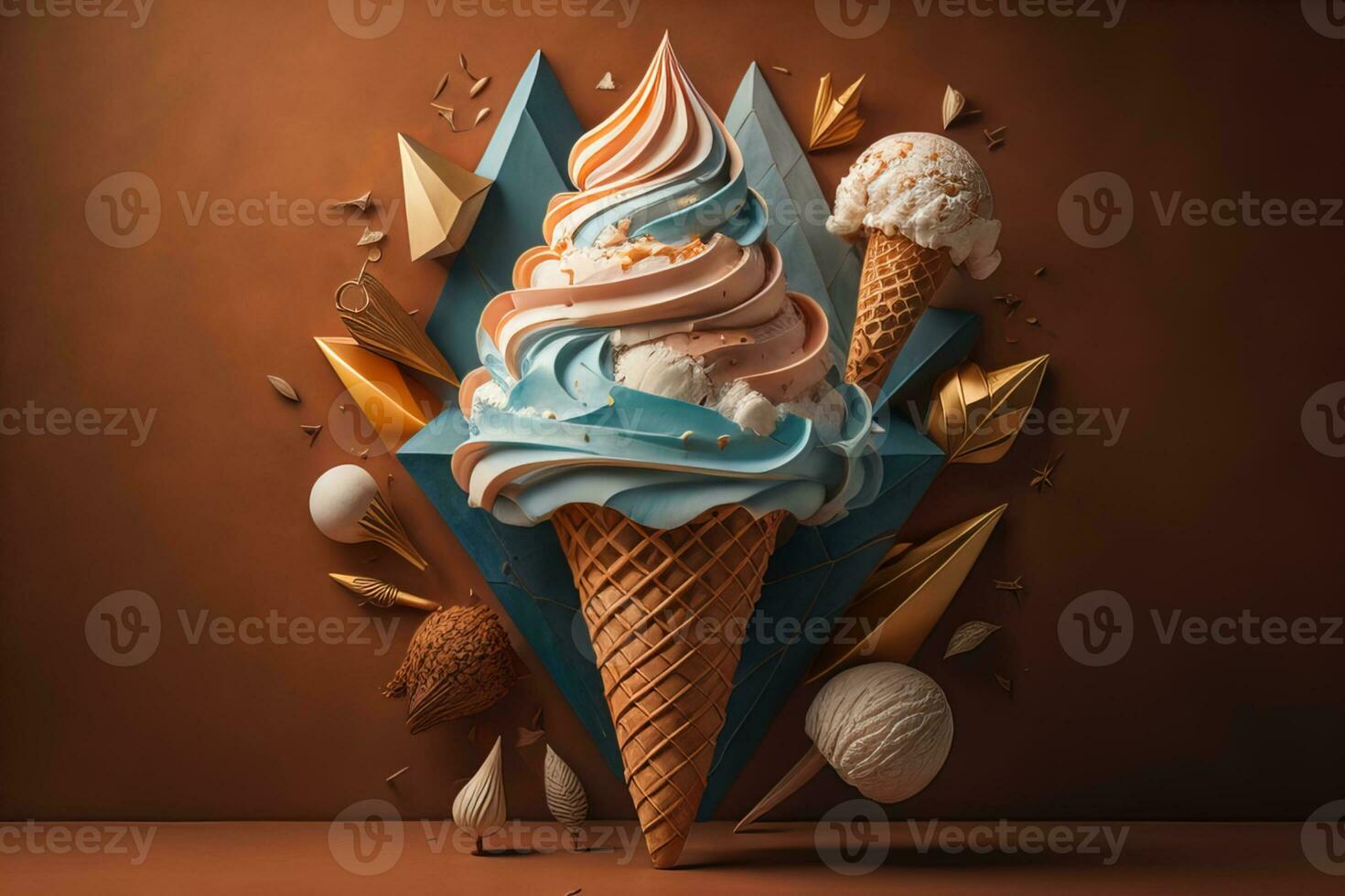 AI generated Ice cream in waffle cone on blue background, top view, flat lay. ai generative photo