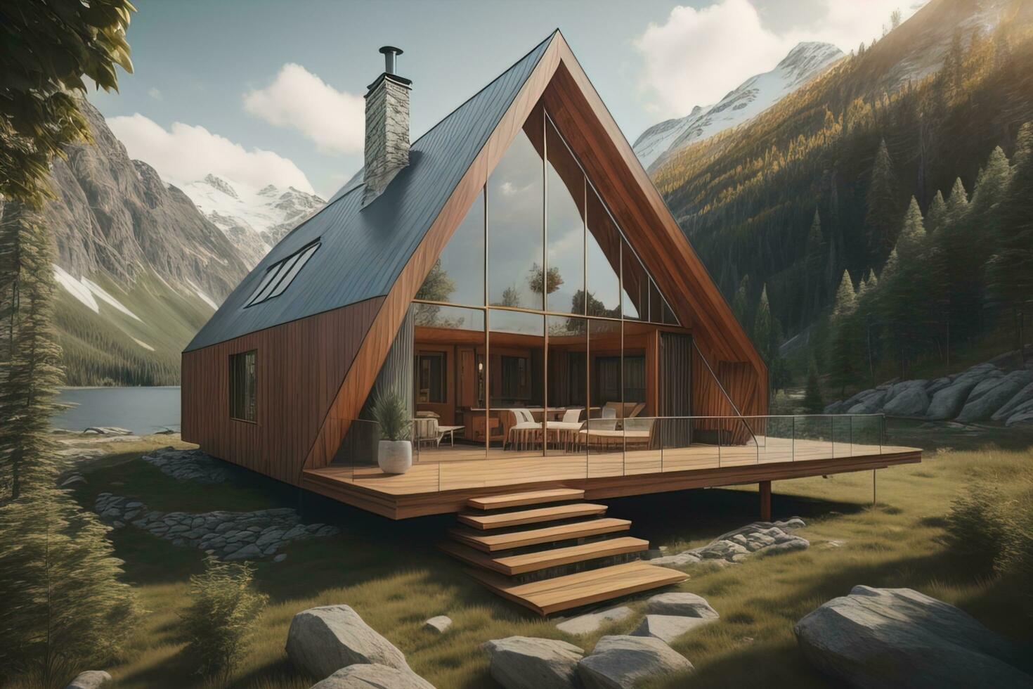 AI generated modern cozy chalet with pool and parking for sale or rent. Luxury house in the forest. ai generative photo