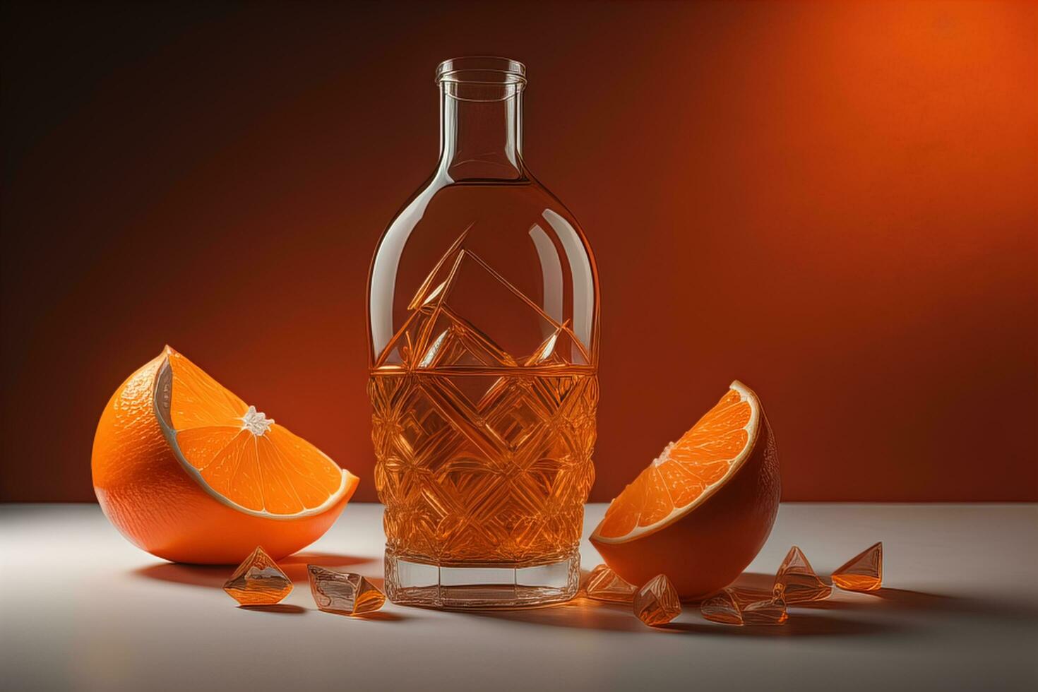 AI generated A bottle of orange brandy and two halves of an orange on a red background. generative ai photo