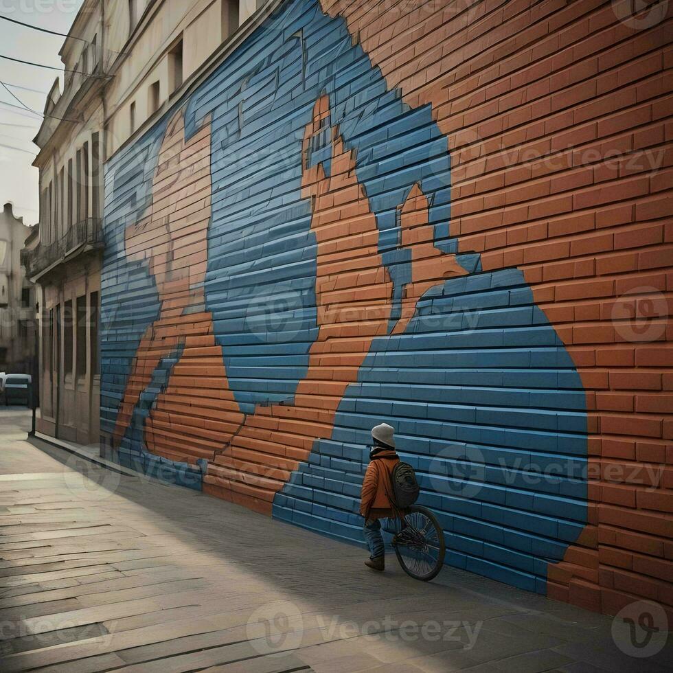 AI generated Man with bicycle in front of a colorful wall. generative ai photo