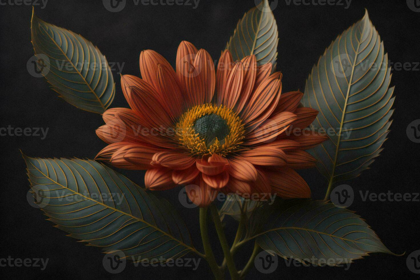 AI generated Beautiful orange flower with leaves on black background. generative ai photo