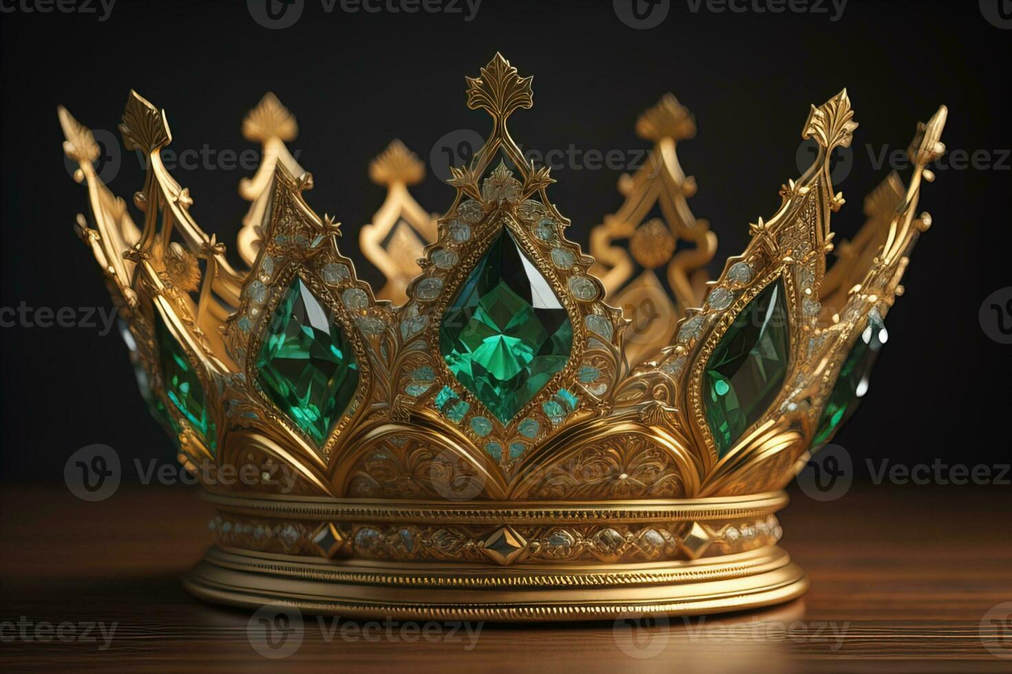 AI generated low key image of beautiful golden queen, king crown. ai generative photo