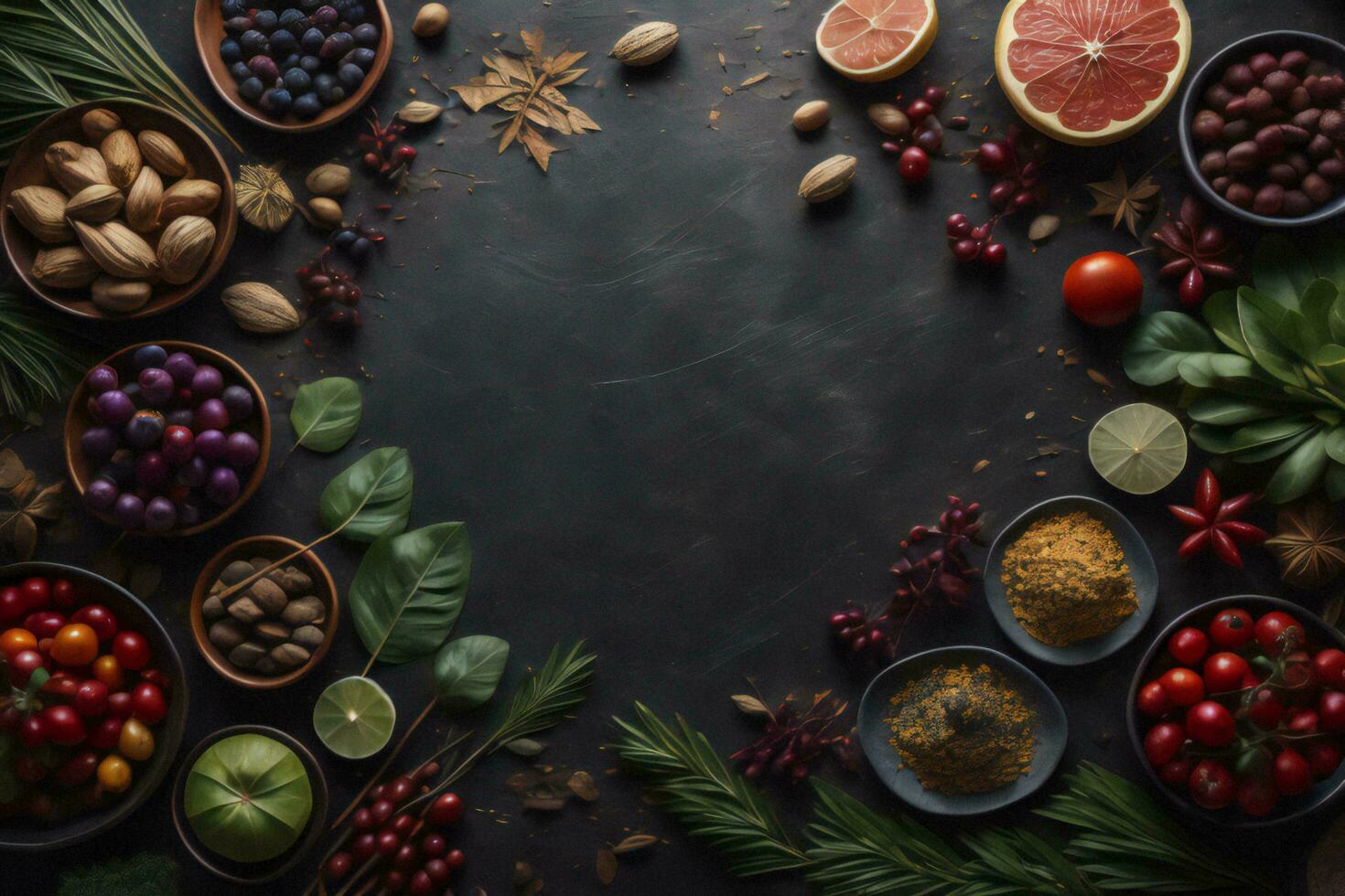 AI generated Spices and herbs on a black background, top view, copy space. generative ai photo