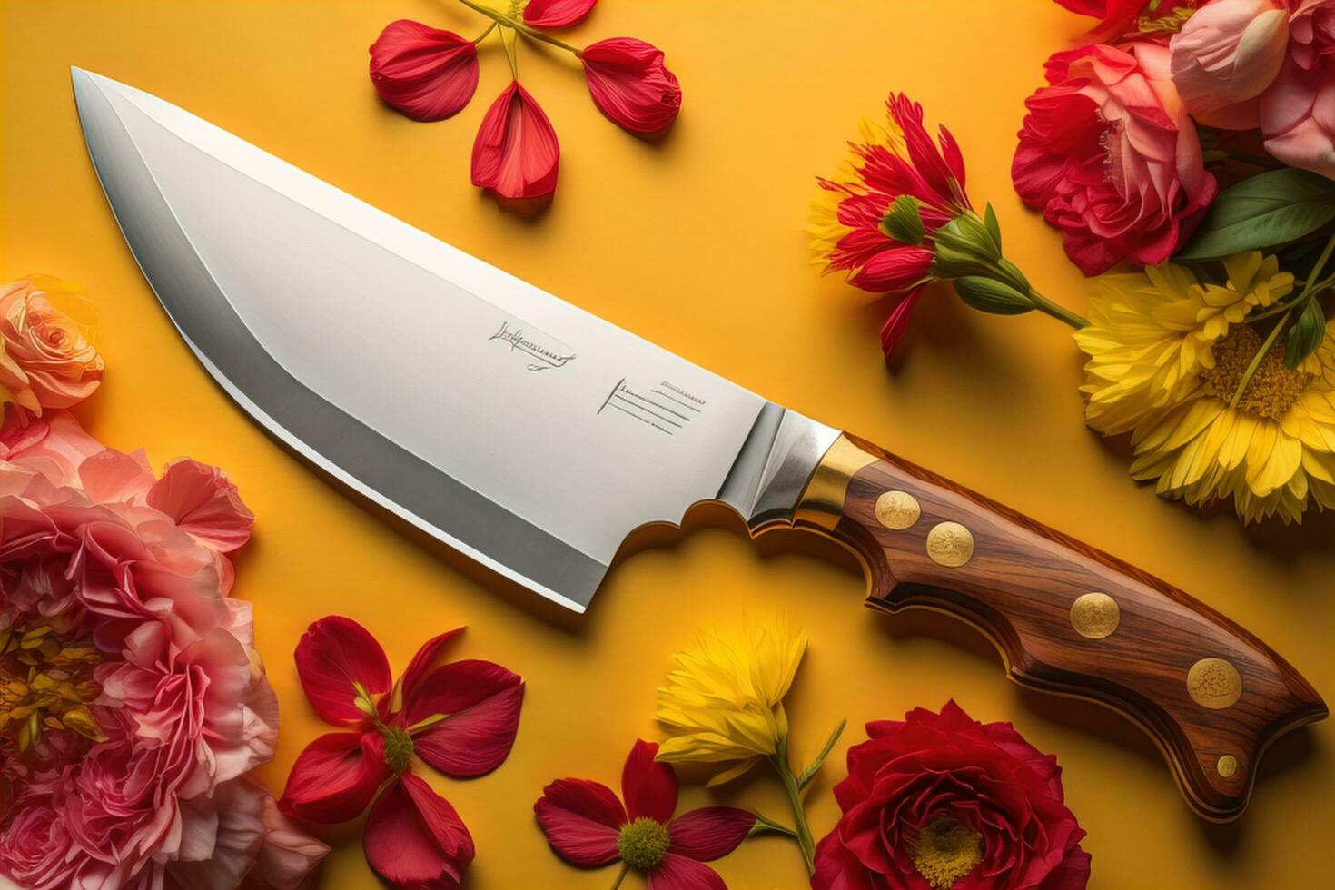 AI generated Knife and flowers on a yellow background. Top view, flat lay. generative ai photo